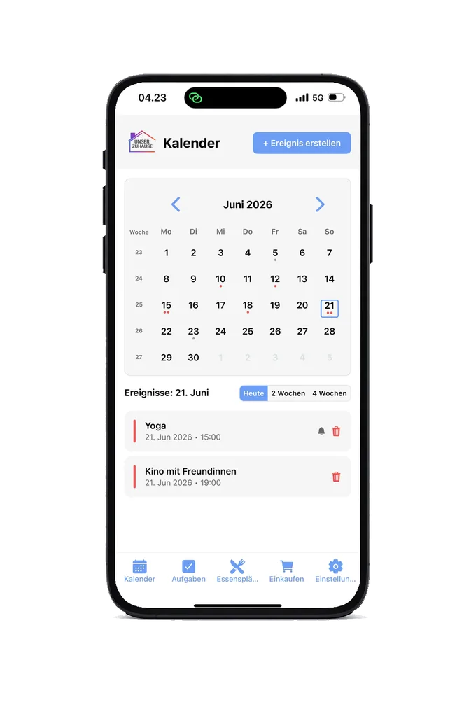 Gemeinsamer Familienkalender in der App Unser Zuhause auf dem Smartphone: alle Termine der Familie an einem Ort